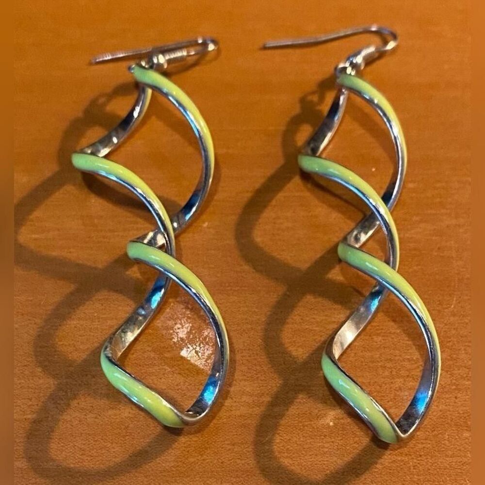 Silver Tone White Enamel Spiral Dangle Drop Earrings Womens 3 Inch Hook Jewelry